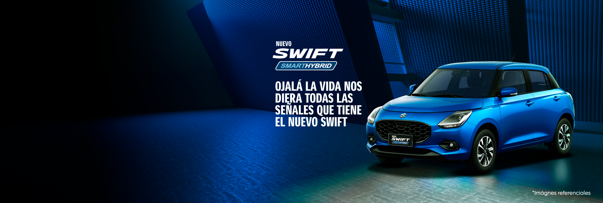 Suzuki Swift híbrido azul 2025 estacionado, visto lateralmente.